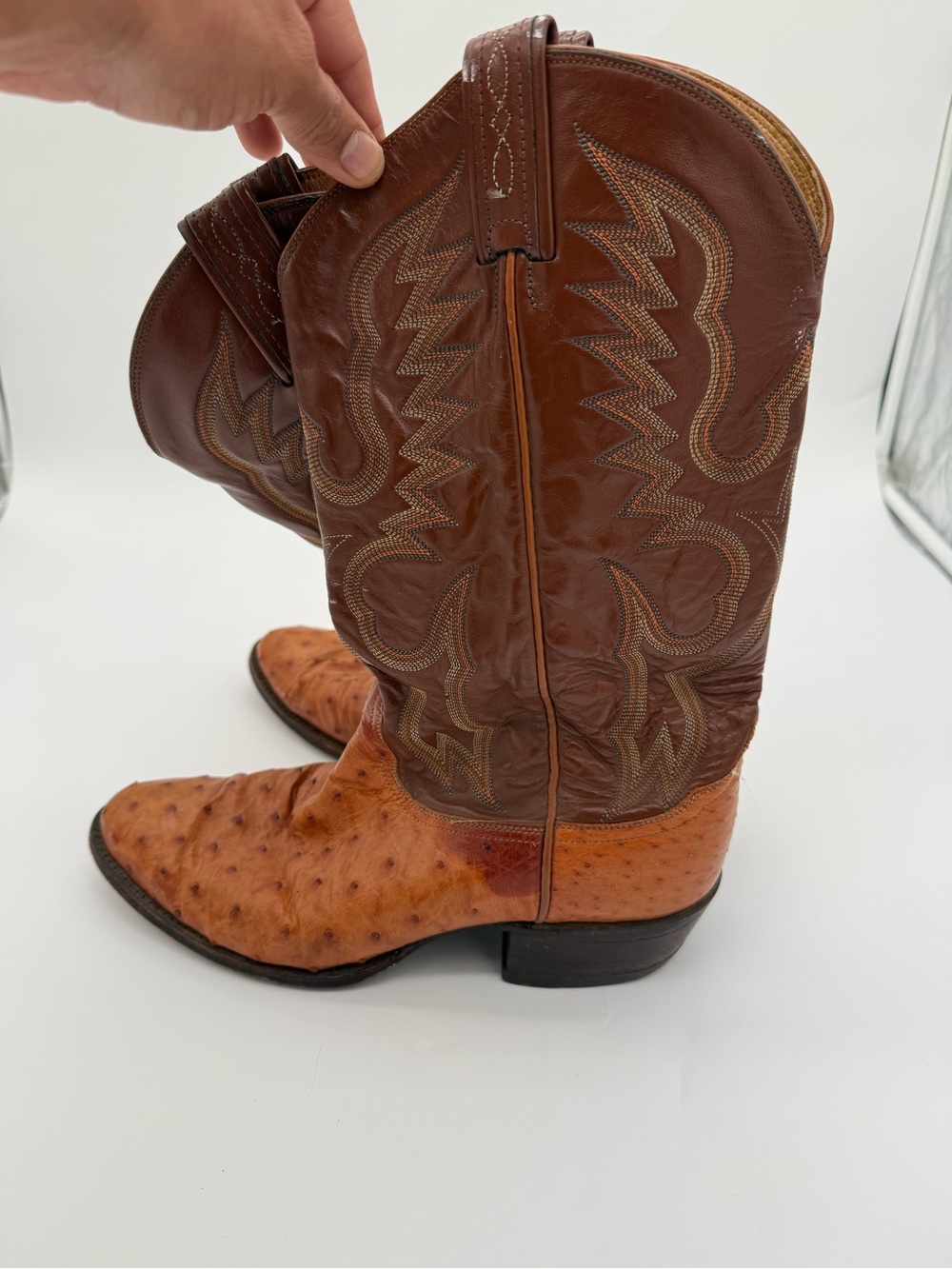 Tony Lama Two-Tone Brown Ostrich & Leather Western Boots - Picture 2 of 7